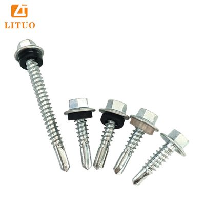 White blue zinc self drilling hex head roofing screw with big flange single rubber seal washer big tail