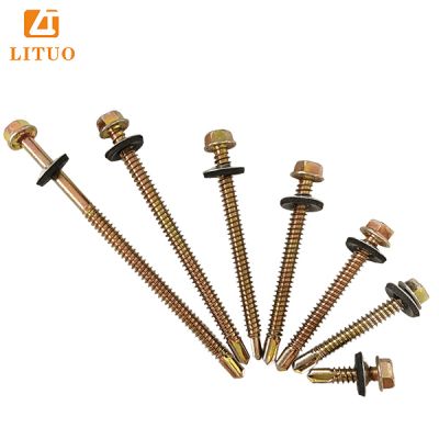 DIN 7504K/ISO 15480 Yellow zinc self drilling hex head roofing screw with metal EPDM washer for trapezoidal metal sheet